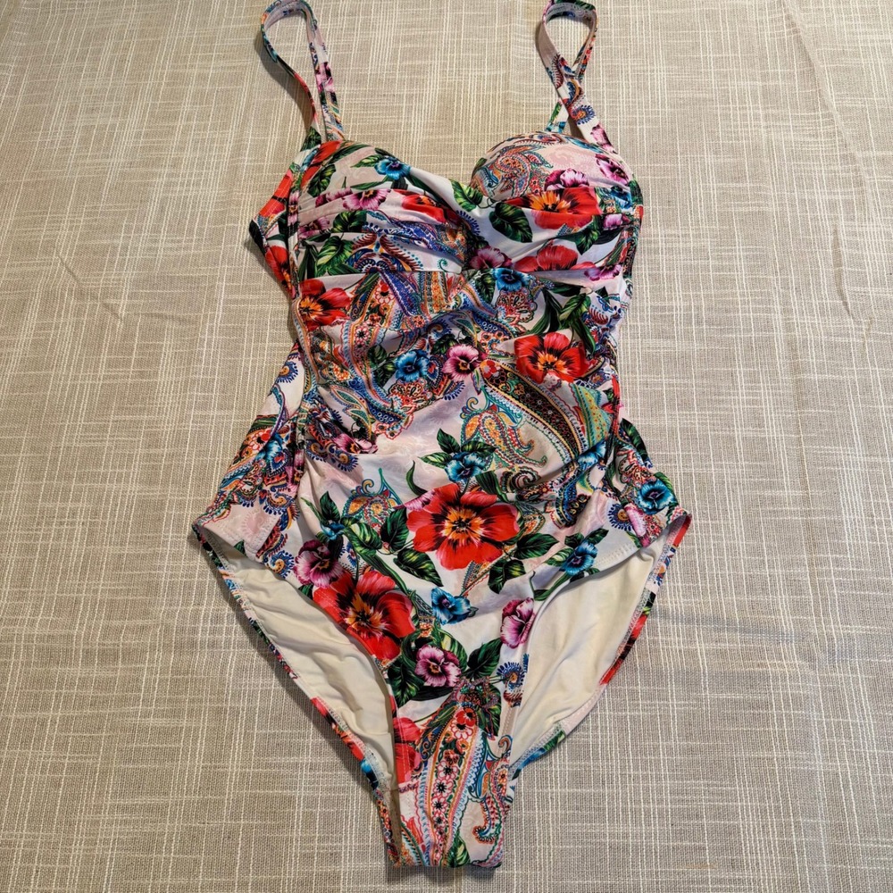 Niptuck Swim Women's US 8 One Piece Swimsuit Paisley Floral Ruched Tummy Control